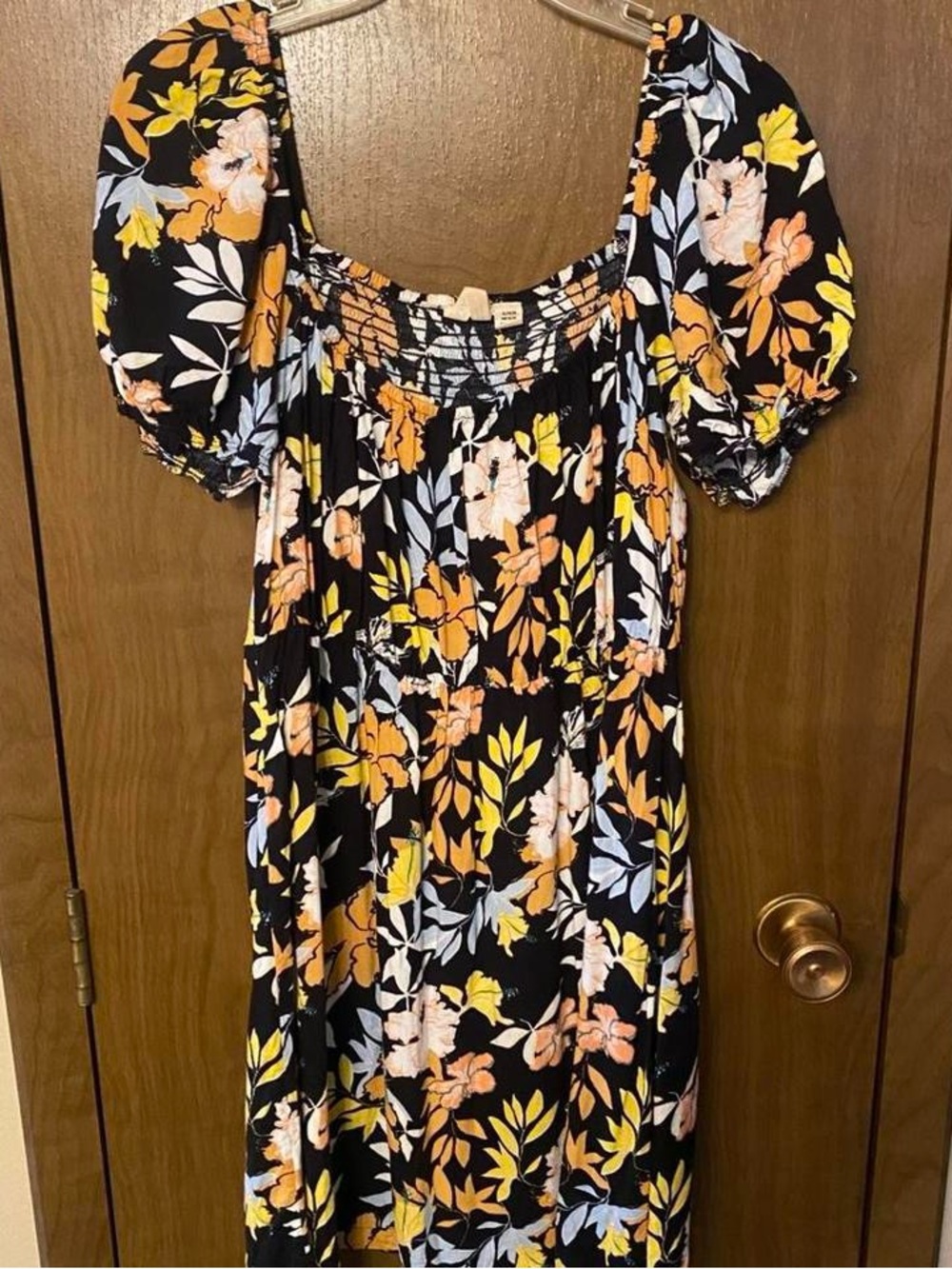 Roxy Black Floral Puff-Sleeve Midi Dress with Yellow & Peach Blooms